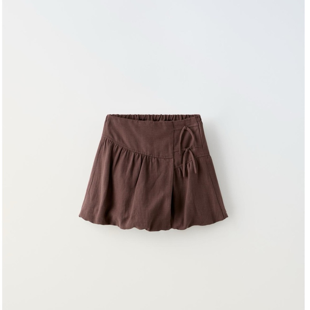NWT Zara 11-12Y linen blend bow balloon skirt brown with lining